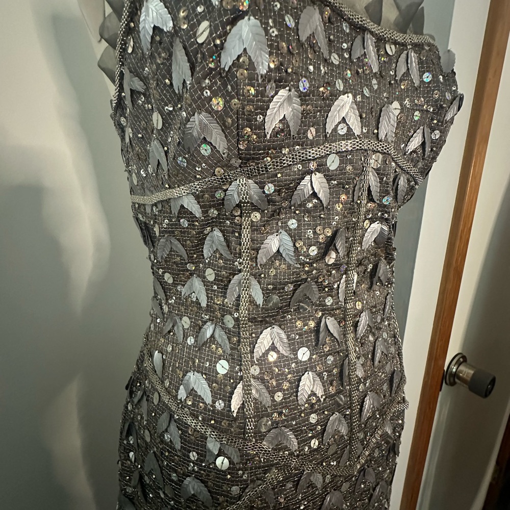 Vintage MANDALAY Gunmetal Beaded Corset Leaf Embellished Midi Dress S/M - Picture 11 of 16